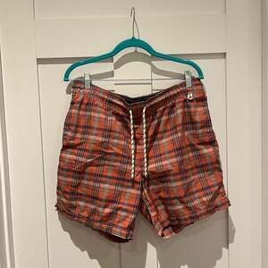 Lands' End Mens Red Plaid Swimming Trunks Large Pockets Lined EUC